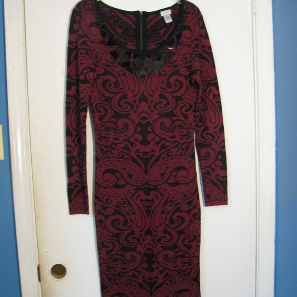 Cache Dress Medium NWOT  Red Black Paisley Print Sheath Heavyweight Back Zip - Picture 1 of 7